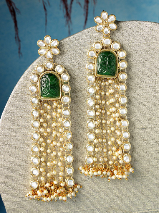 3e27fcc2-1d6e-4c57-be47-f98eb21e55941701668278009KARATCARTGreenDropEarrings1 Gold-Plated Kundan-Studded Drop Earrings - Image 1