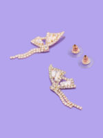 Gold-Toned & White Sparkling Crystal Butterfly Shape Drop Earrings - Image 3
